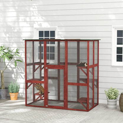 71" x 39" x 71" Cat Cage, Large Outdoor Wooden Cat Patio, 6 Platforms, Asphalt Roof, Wine Red Outdoor Cat Enclosures at Gallery Canada