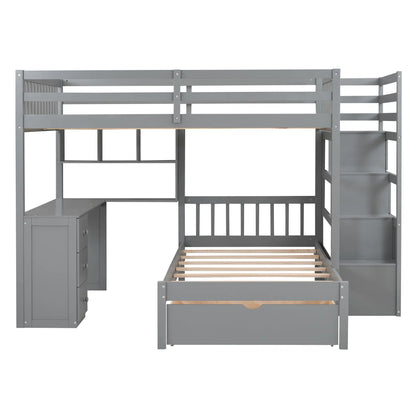 Over Twin Bunk Bed with Study Desk, Drawers, Shelves, 98" L x 80" W x 64.5" H, Grey Bed Frames Grey at Gallery Canada