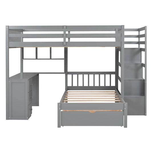Over Twin Bunk Bed with Study Desk, Drawers, Shelves, 98" L x 80" W x 64.5" H, Grey Bed Frames Grey at Gallery Canada