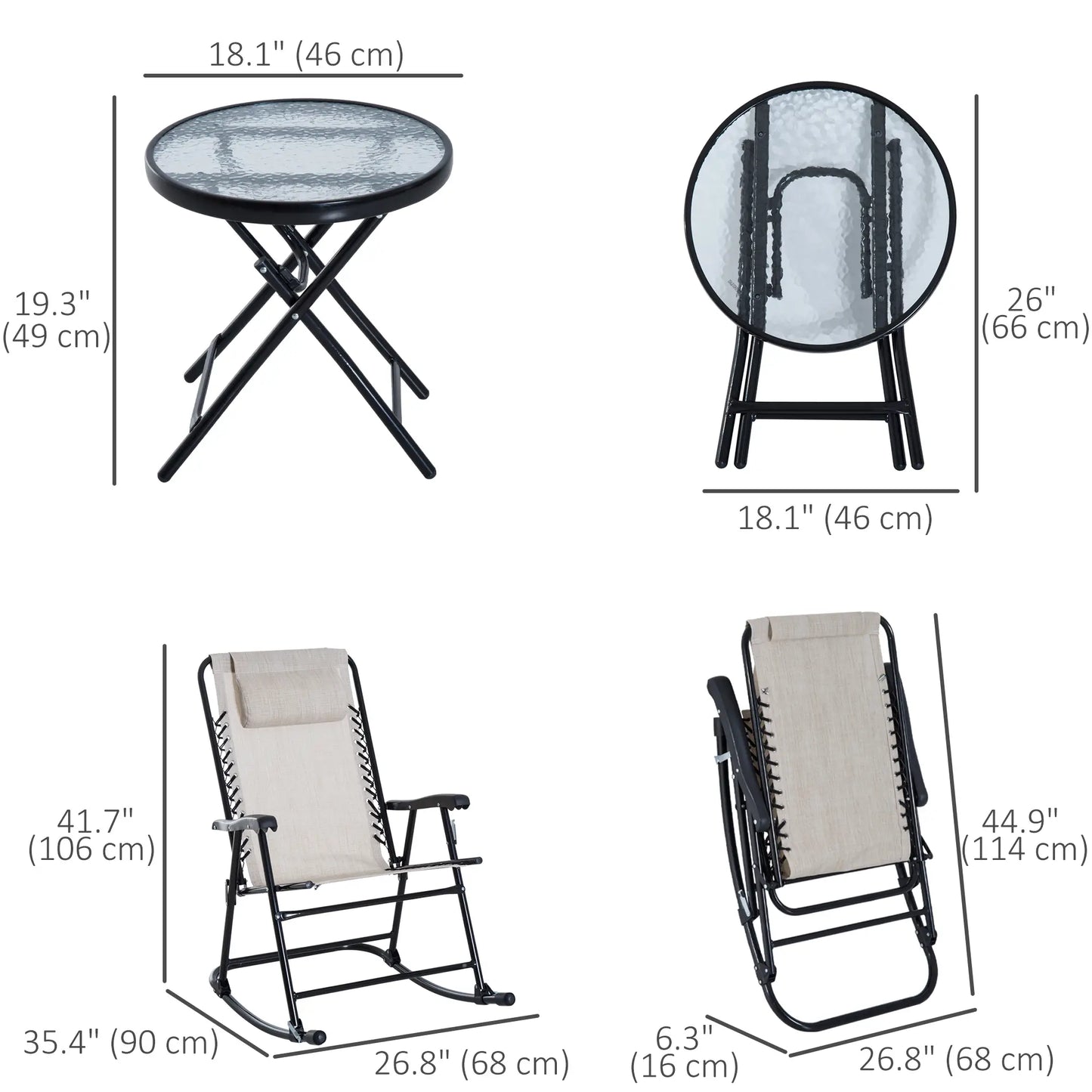 3pc Patio Rocking Chair Set, Folding Outdoor Chairs w/ Table, Cream White Outdoor Rocking Chairs at Gallery Canada