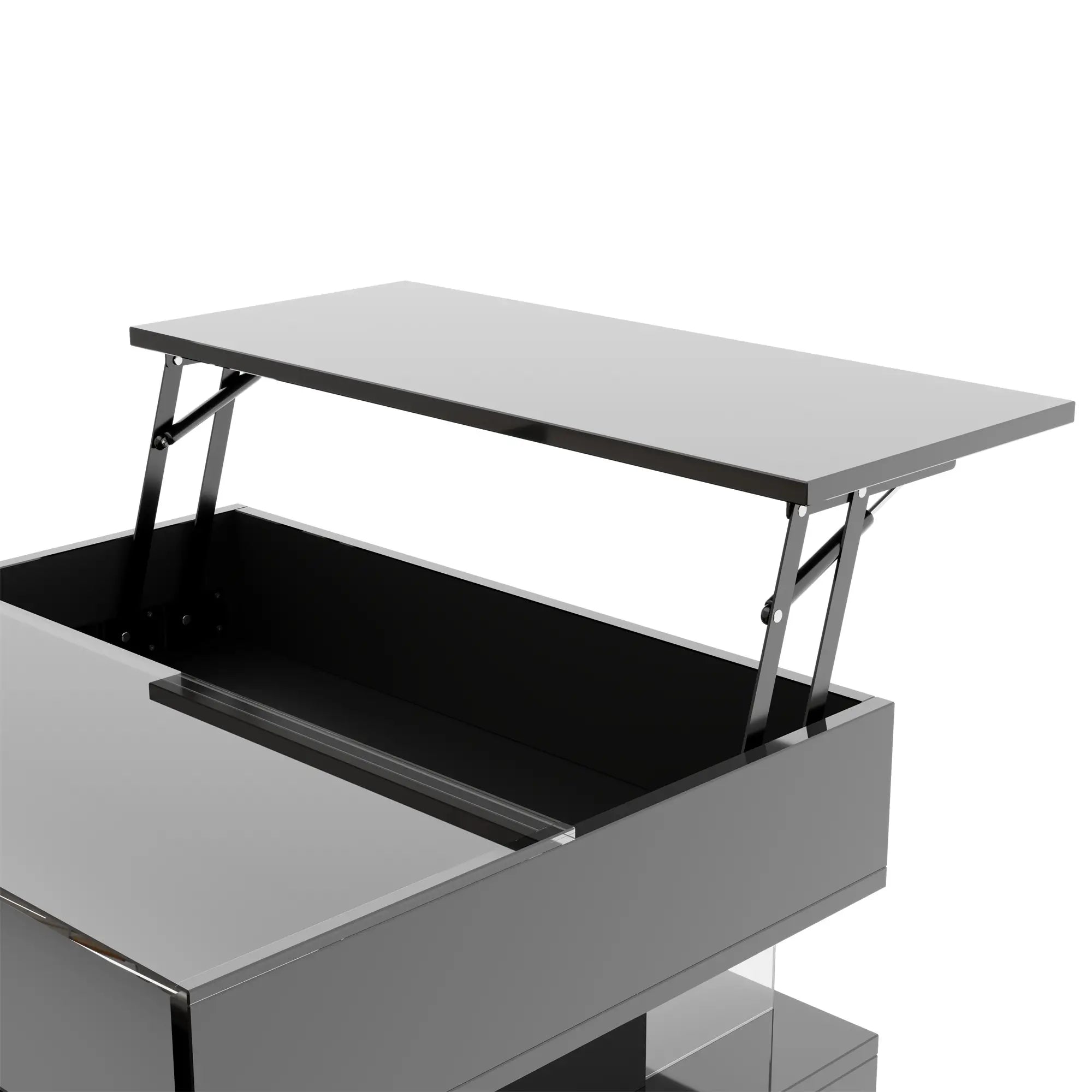 Glass Top LED Coffee Table, Storage Drawer, Adjustable Height, 26