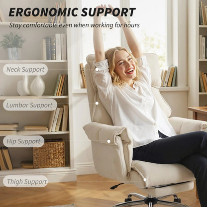 Desk Chair With Footrest, Adjustable Backrest, Cream White, Cream White