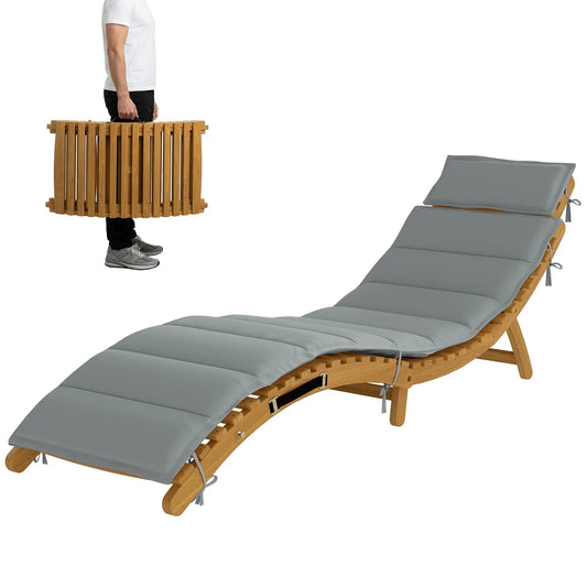 Folding Acacia Wood Chaise Lounge Chair with Cushion, Light Grey Lounger Chairs Natural Wood Finish, Light Grey at Gallery Canada