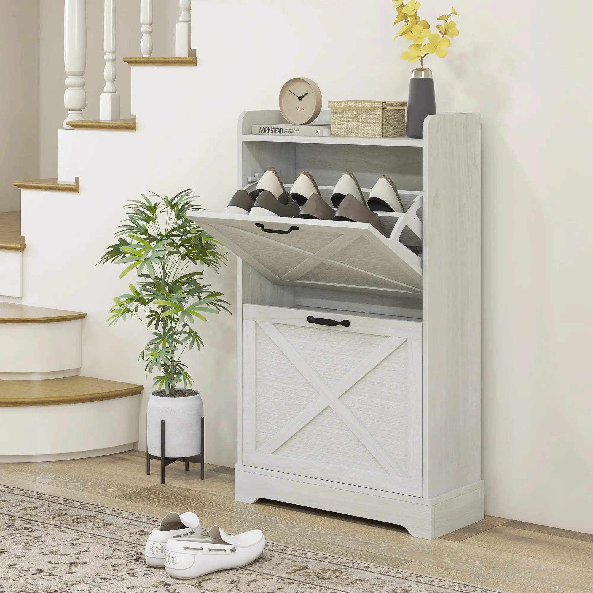 Slim Shoe Storage Cabinet, Farmhouse Style, 2 Flip Drawers, Adjustable Shelves, Holds 8 Pairs, Distressed, White Shoe Storage Cabinets & Racks at Gallery Canada