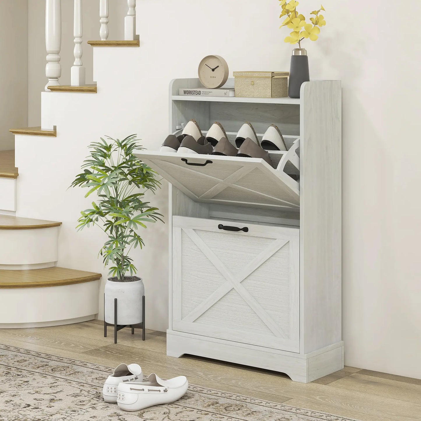 Slim Shoe Storage Cabinet, Farmhouse Style, 2 Flip Drawers, Adjustable Shelves, Holds 8 Pairs, Distressed, White Shoe Storage Cabinets & Racks at Gallery Canada