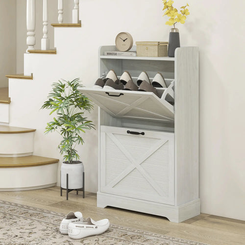 Slim Shoe Storage Cabinet, Farmhouse Style, 2 Flip Drawers, Adjustable Shelves, Holds 8 Pairs, Distressed, White