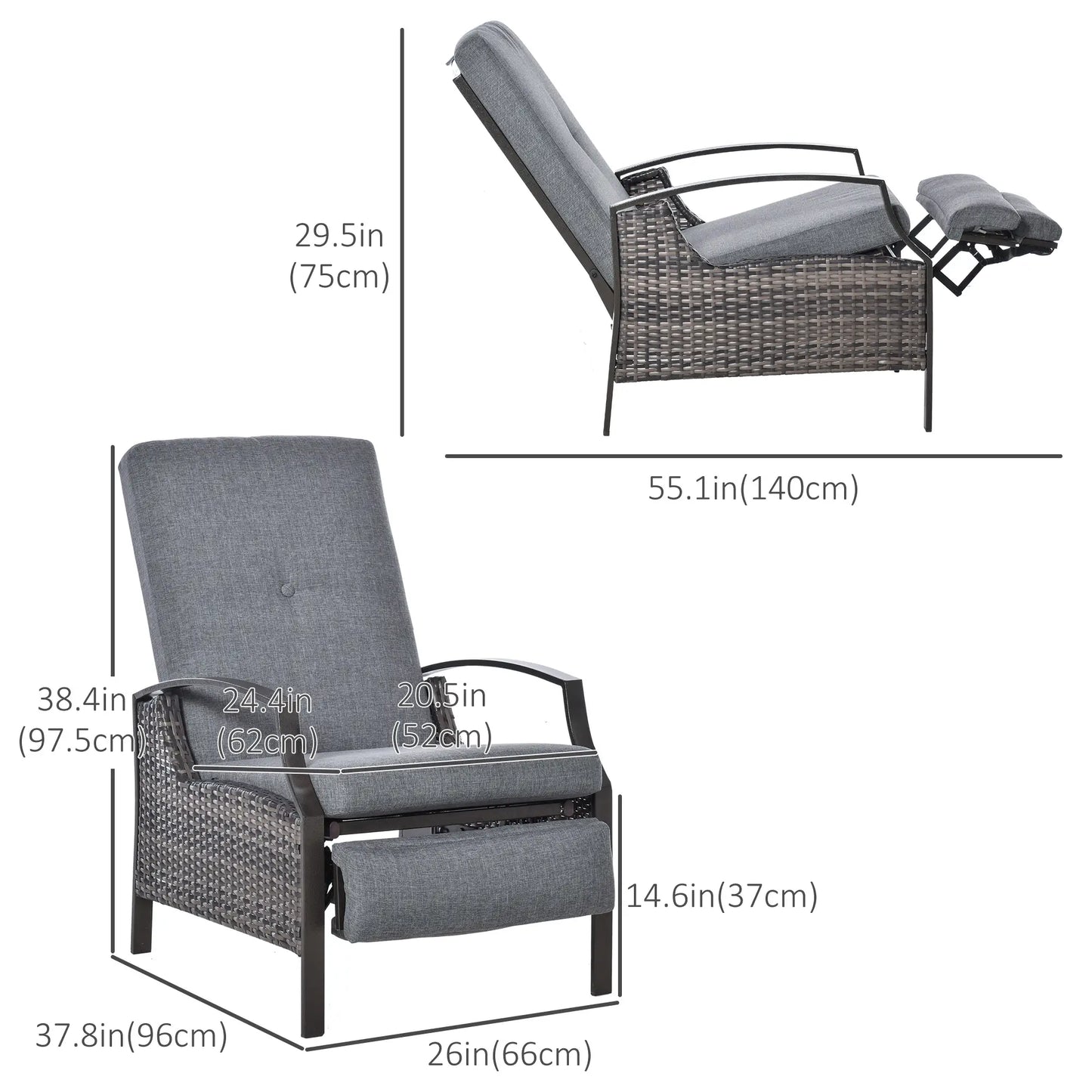 Outdoor Rattan Recliner Chair, Adjustable Back, Retractable Footrest, Grey Chaise Loungers at Gallery Canada