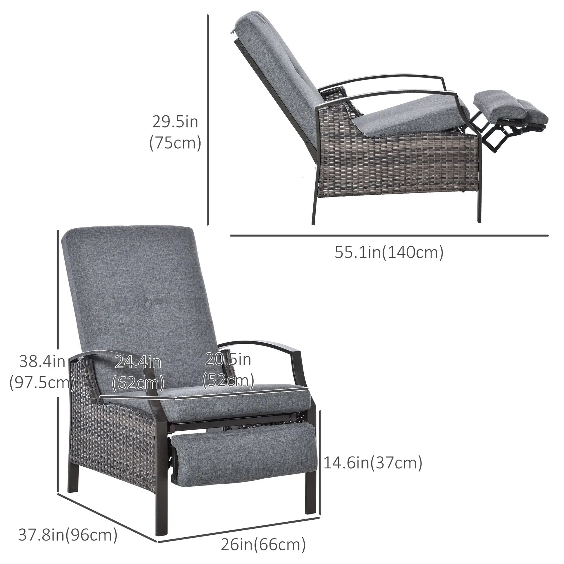Outdoor Rattan Recliner Chair, Adjustable Back, Retractable Footrest, Grey Chaise Loungers at Gallery Canada