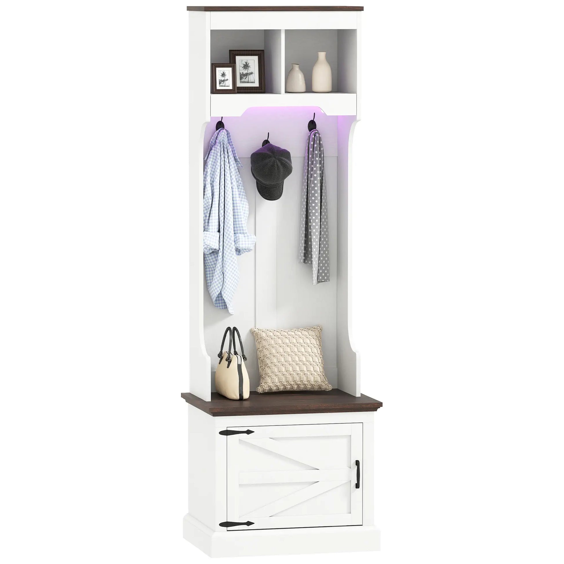 3-in-1 Hall Tree, LED Lights, Bench, Coat Rack, Shoe Storage, White Wood Grain, White Clothing Storage at Gallery Canada