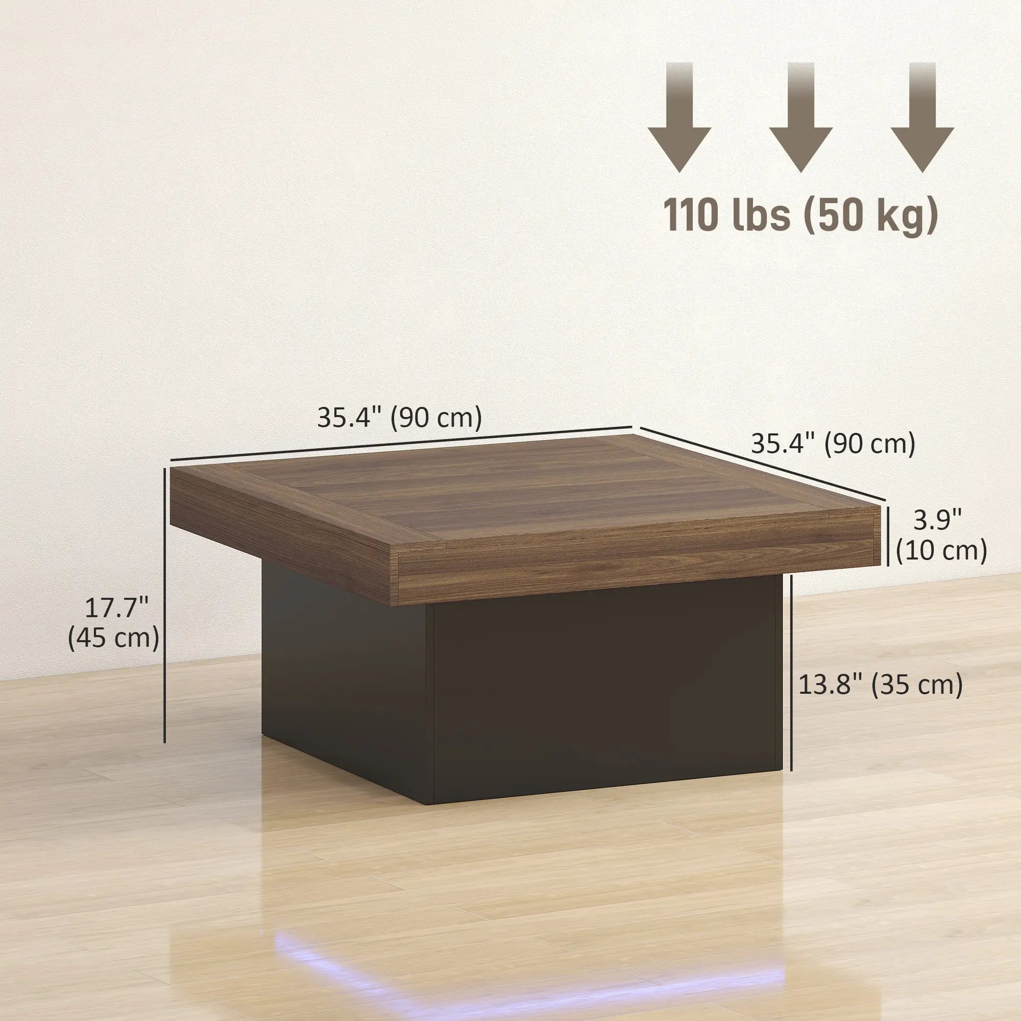 Square Coffee Table with LED Lights, 35-inch, Walnut Coffee Tables at Gallery Canada