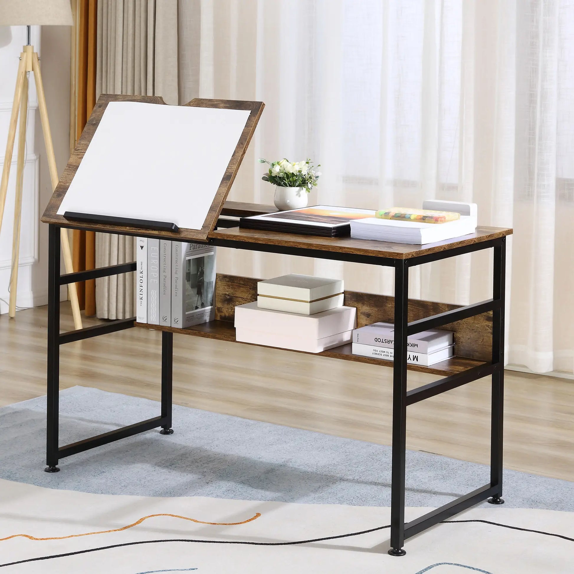 Adjustable Drafting Table, Art Desk, Tiltable Tabletop, Storage Shelf, Rustic Brown, Brown Writing Desks at Gallery Canada