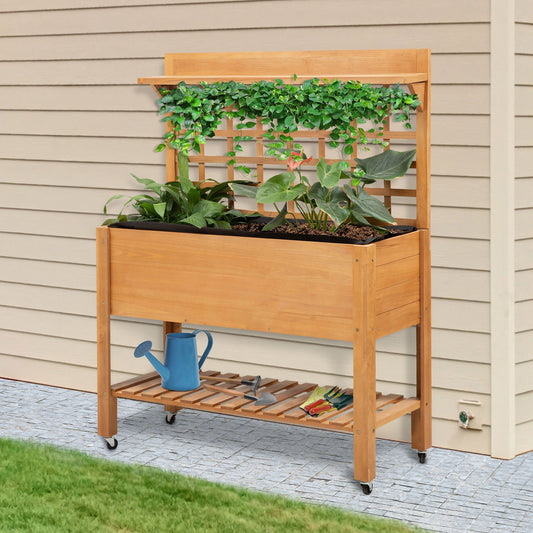 41.25"x15.75"x53.25" Wooden Planter Raised Elevated Garden Bed Planter Flower Herb Boxes for Vegetables Flower with Shelf and Wheels Solid Wood Outdoor/Indoor - Gallery Canada