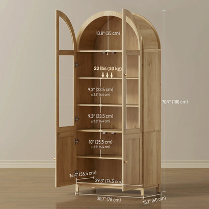 71" Tall Arched Kitchen Pantry Cabinet, Adjustable Shelves, Acrylic Doors, Oak Kitchen Pantry Cabinets at Gallery Canada