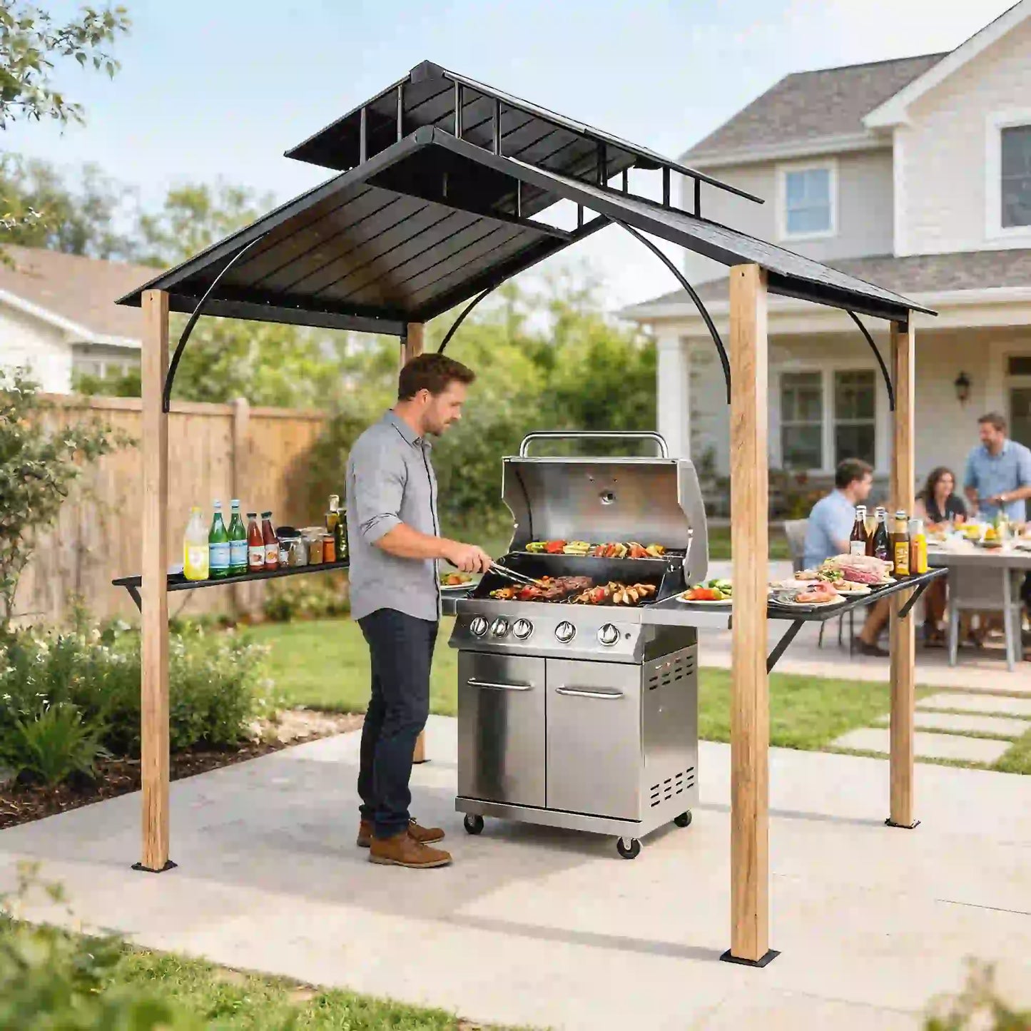 8 x 6ft Hardtop Grill Gazebo, Metal Double Roof, Wood-Grain Aluminum Frame BBQ Grill Gazebos at Gallery Canada
