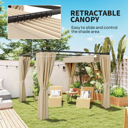 10' x 10' Retractable Pergola, Garden Gazebo with Curtains, Beige Pergolas at Gallery Canada
