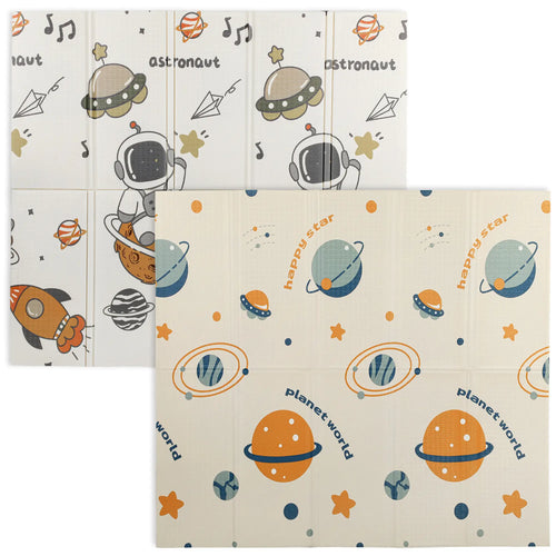 Double Sided Baby Play Mat, Reversible Waterproof, Astronaut Planet Theme
