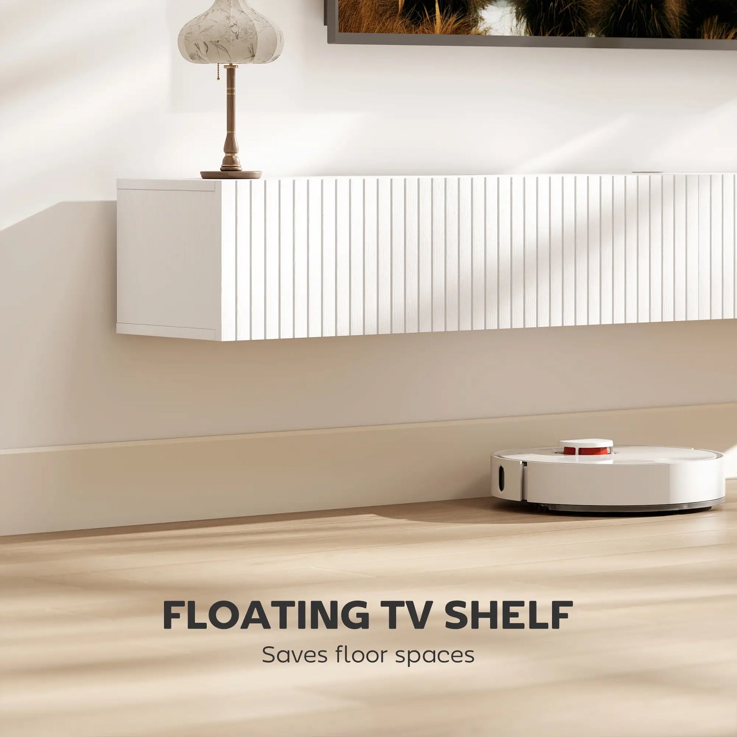 71 Inch Floating TV Stand, Wall Mount Media Console, 2 Fluted Doors, White TV Stands at Gallery Canada