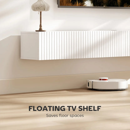 71 Inch Floating TV Stand, Wall Mount Media Console, 2 Fluted Doors, White TV Stands at Gallery Canada