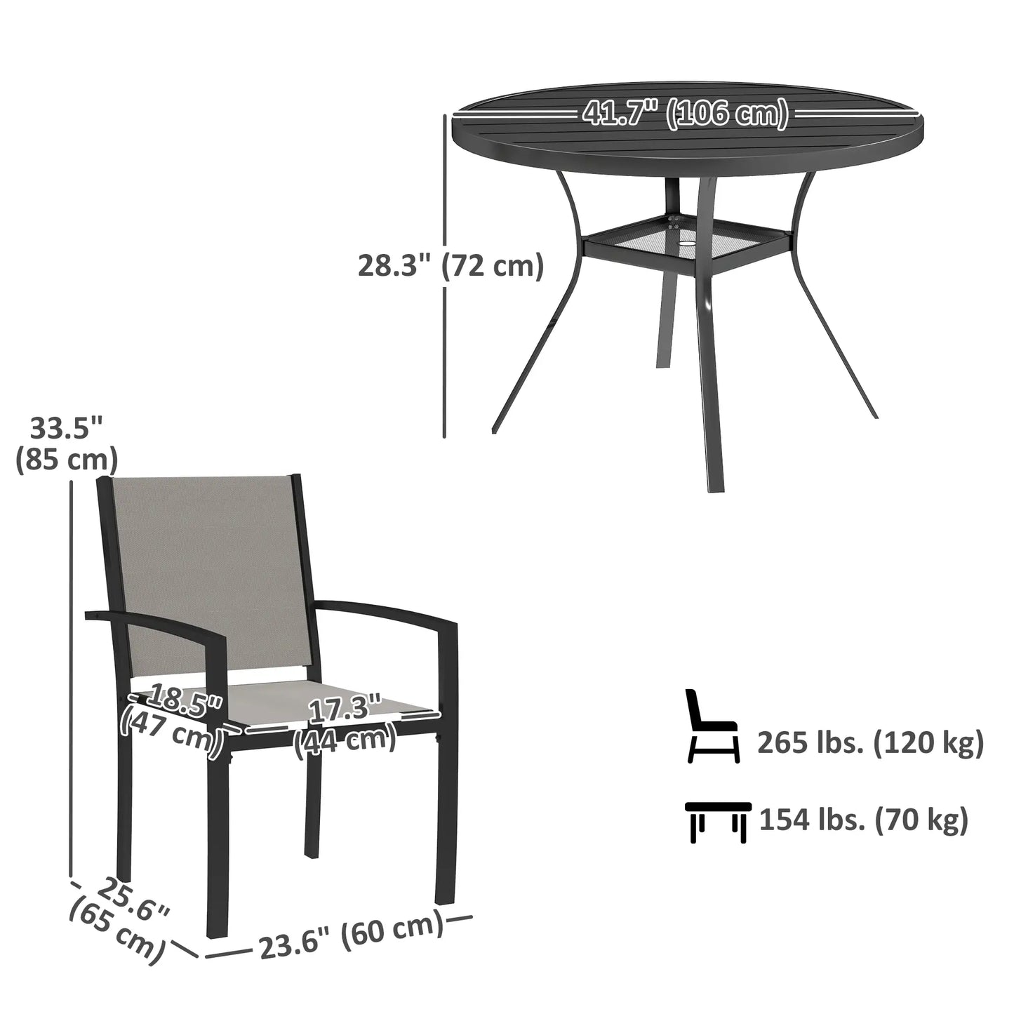 Ensemble de salle à manger extérieur de 5 pièces, table ronde, 4 chaises
