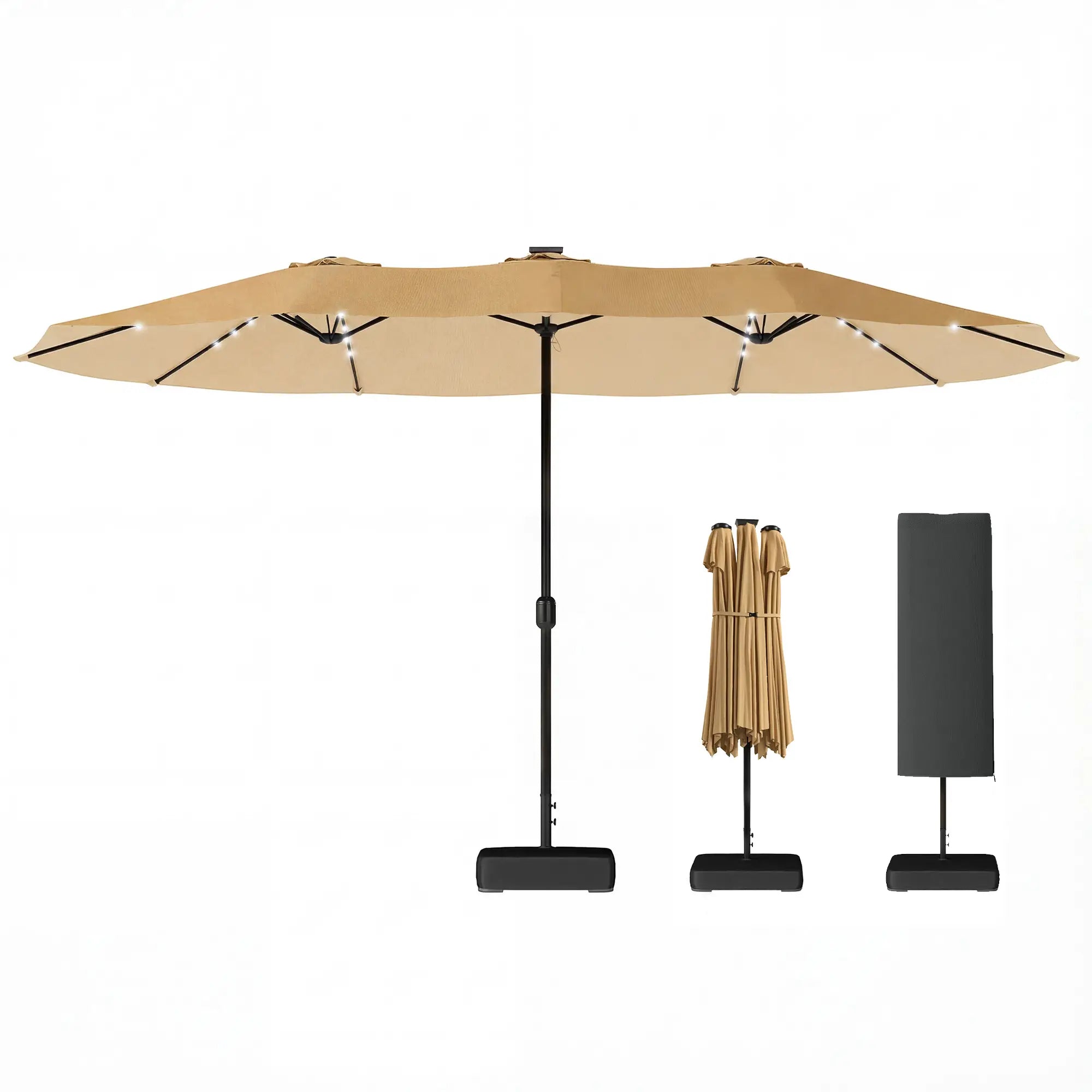 Double Sided Patio Umbrella, 15ft, LED Lights, Base Included, Khaki Double-sided Umbrellas Khaki, Black at Gallery Canada