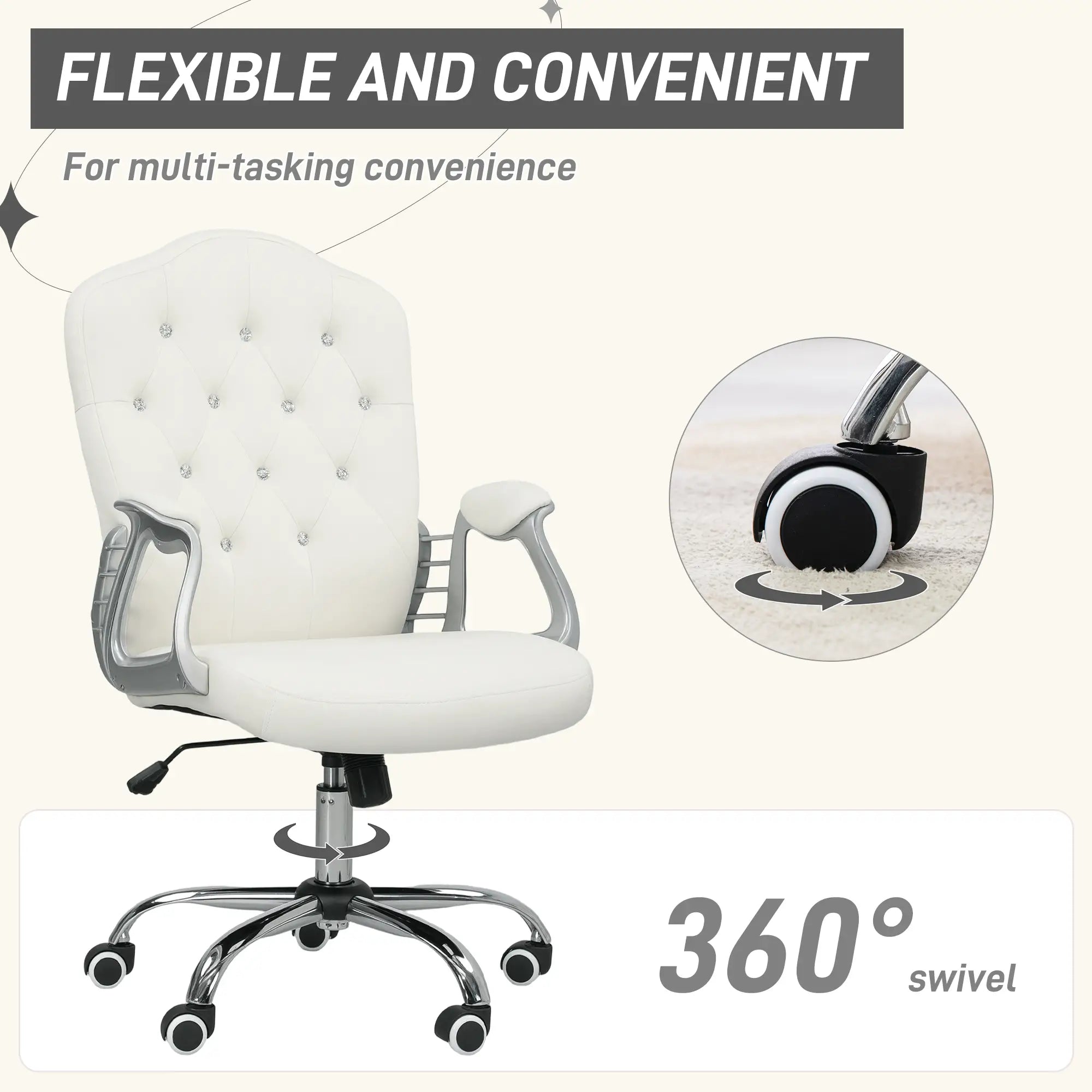 Vanity Office Chair, Velvet Computer Desk Chair with Swivel Wheels, Adjustable Height, Tilt Function, Off-White Task Chairs at Gallery Canada