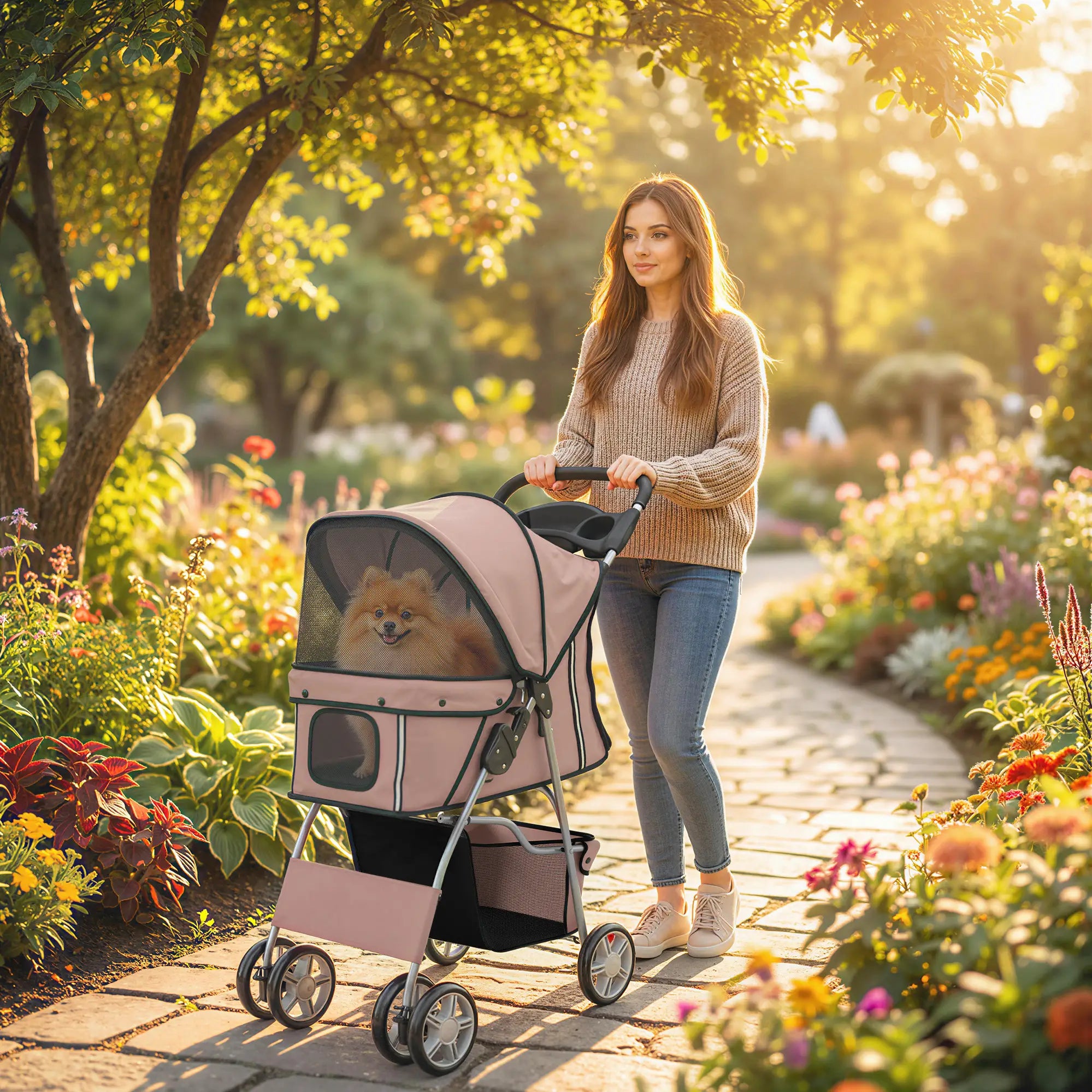 Foldable Pet Stroller, Wheels, Reflective Strips, Brake, Pad, Basket, Coffee Dog Bike Trailers & Strollers at Gallery Canada