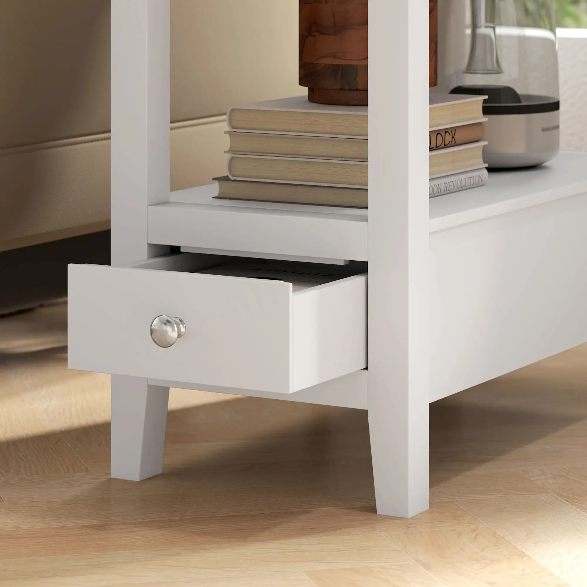 Narrow Side Table, Charging Station, USB Ports, Storage Shelf, Drawers, White Side Tables at Gallery Canada