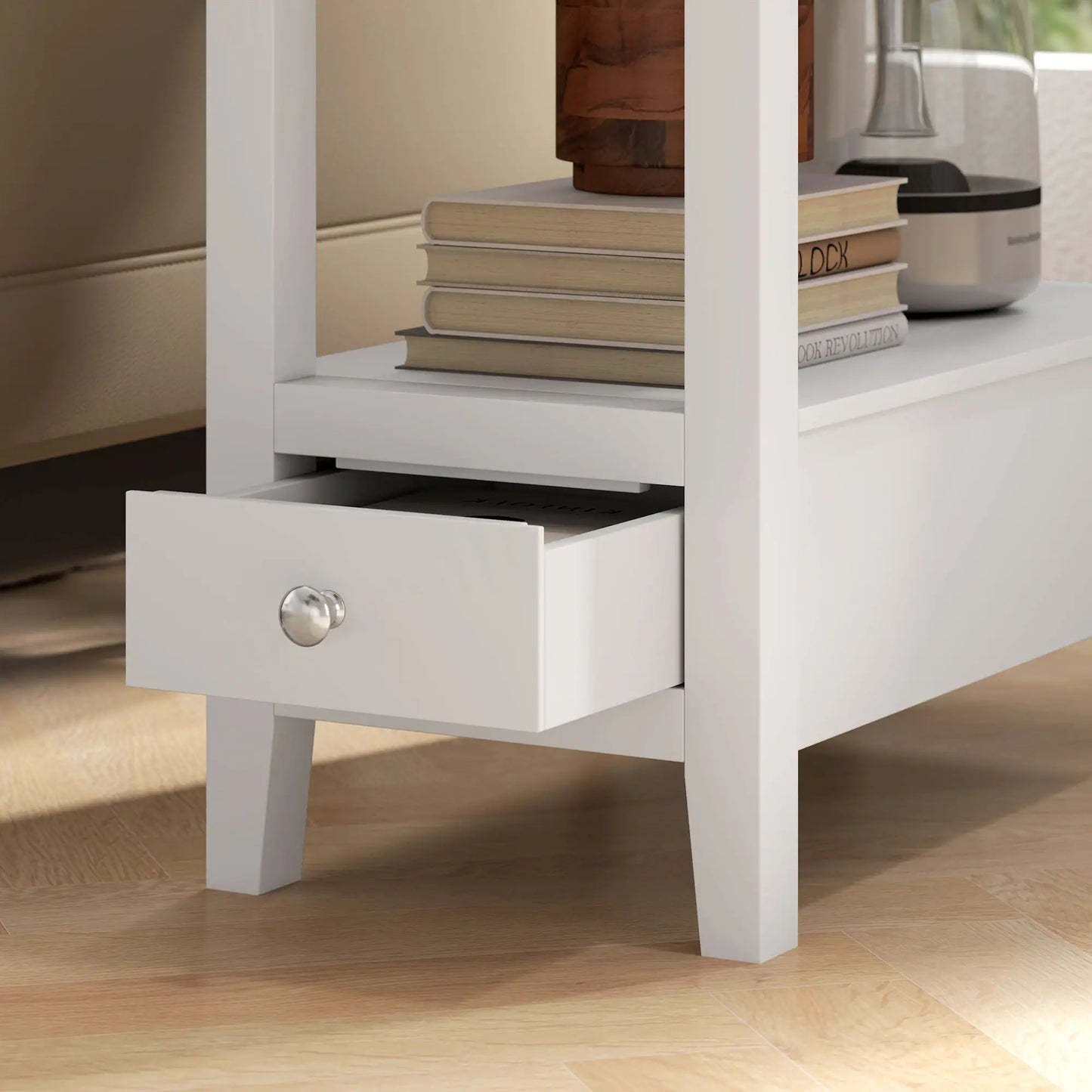 Narrow Side Table, Charging Station, USB Ports, Storage Shelf, Drawers, White Side Tables at Gallery Canada