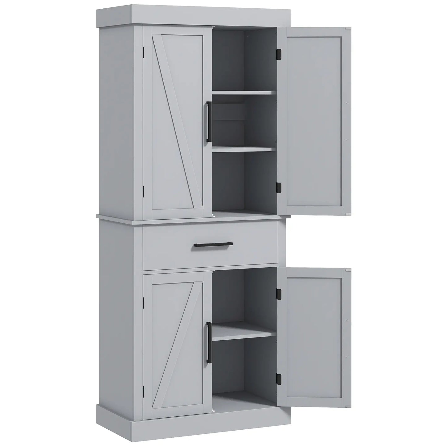 72" Kitchen Storage Cabinet, Farmhouse Pantry, 4 Barn Doors, Drawer, Adjustable Shelves, Grey Kitchen Pantry Cabinets Grey at Gallery Canada