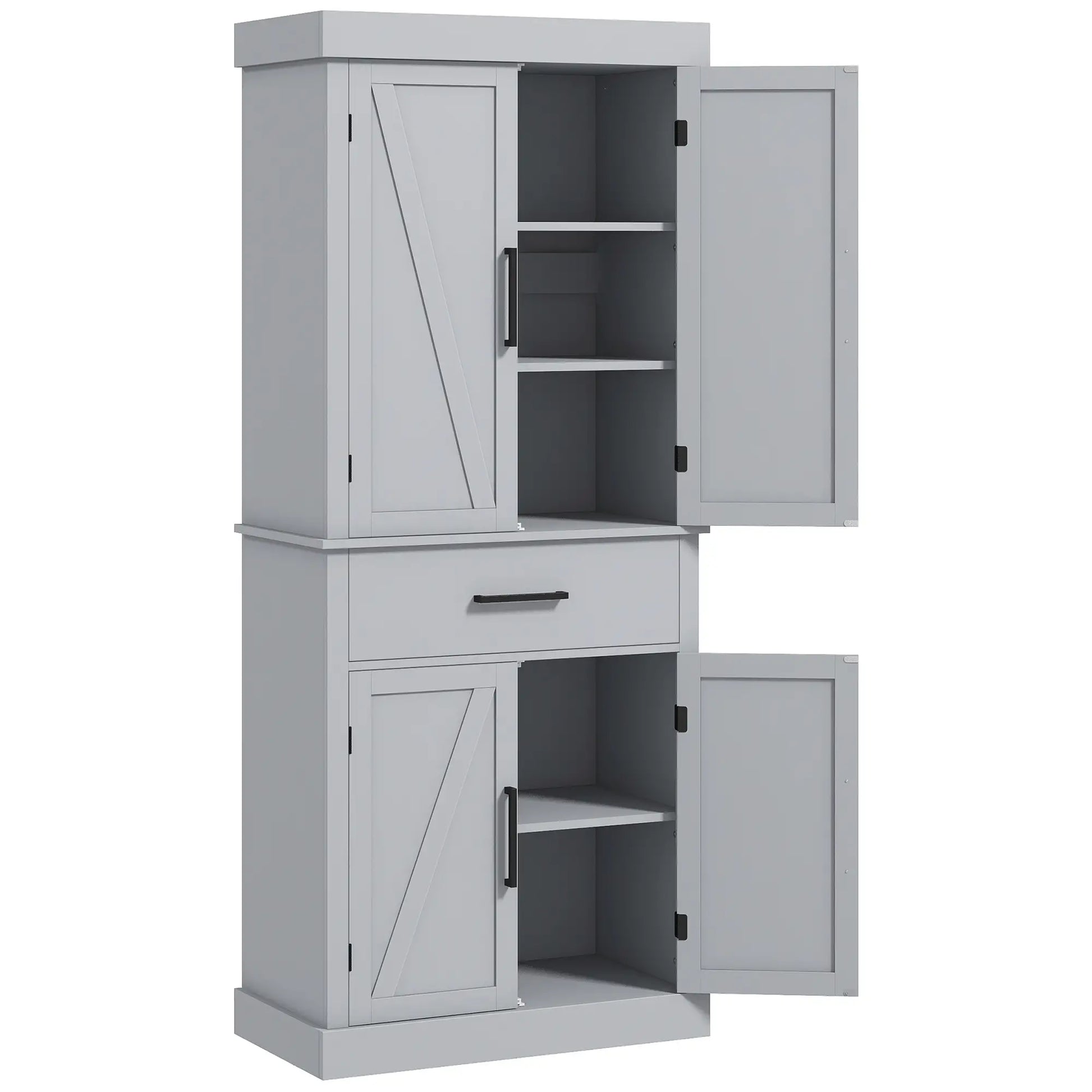 72" Kitchen Storage Cabinet, Farmhouse Pantry, 4 Barn Doors, Drawer, Adjustable Shelves, Grey Kitchen Pantry Cabinets Grey at Gallery Canada