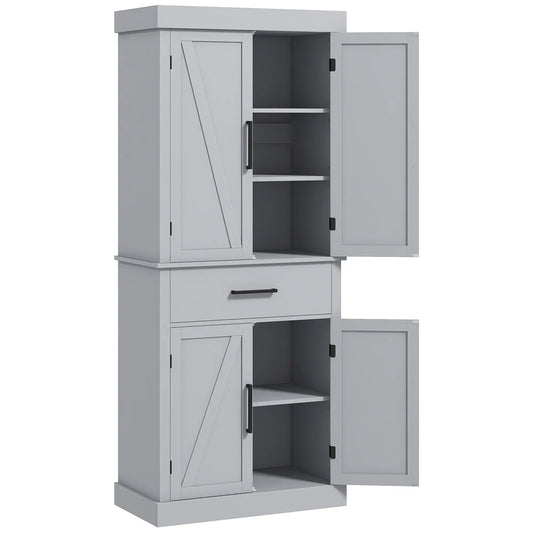 72" Kitchen Storage Cabinet, Farmhouse Pantry, 4 Barn Doors, Drawer, Adjustable Shelves, Grey Kitchen Pantry Cabinets Grey at Gallery Canada