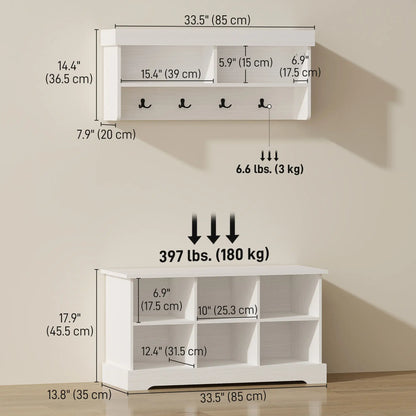 Coat Rack Shoe Bench Set, 8 Storage Cubbies, 4 Hooks, White