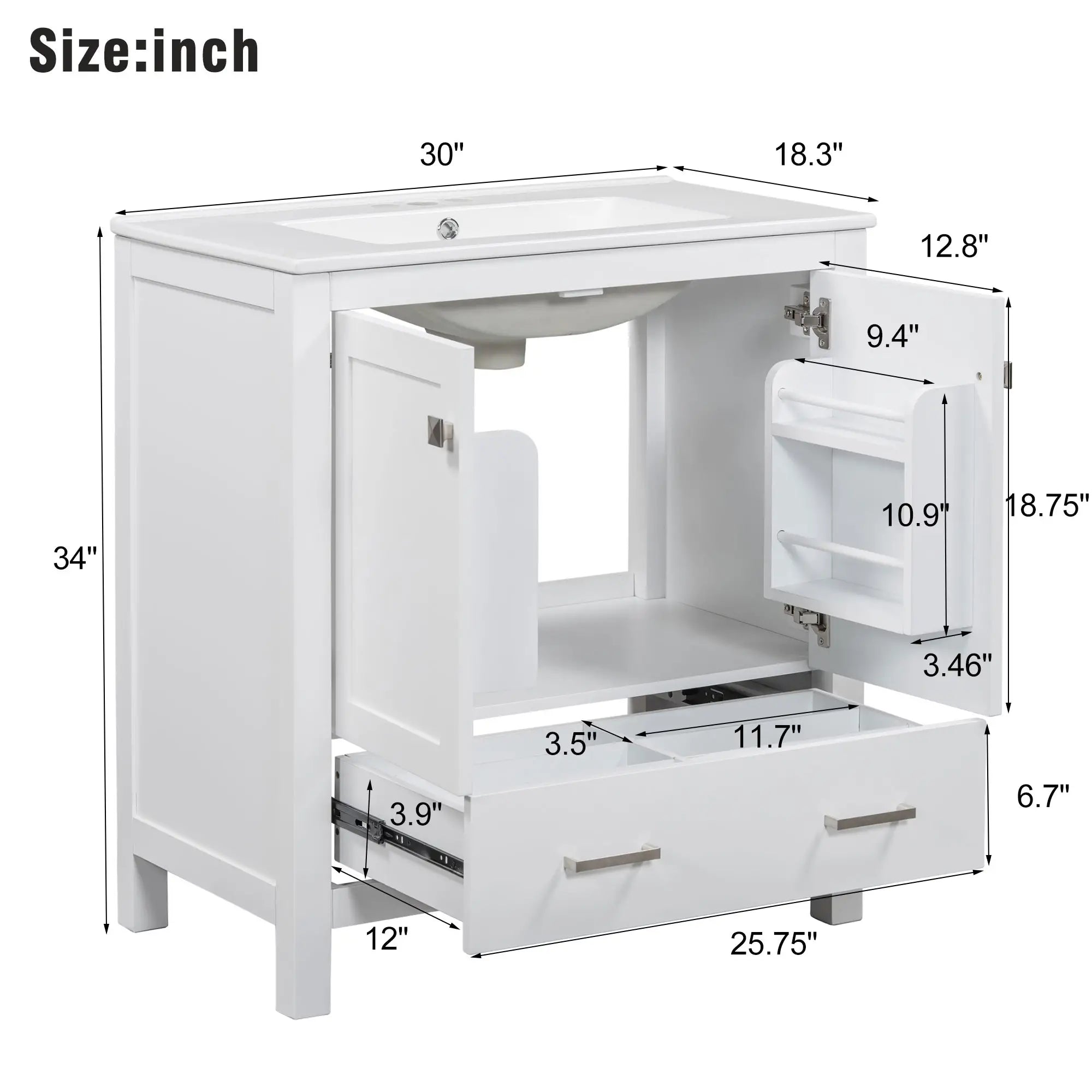 Single Sink Bathroom Vanity, Solid Wood, Soft-Close Doors, 30