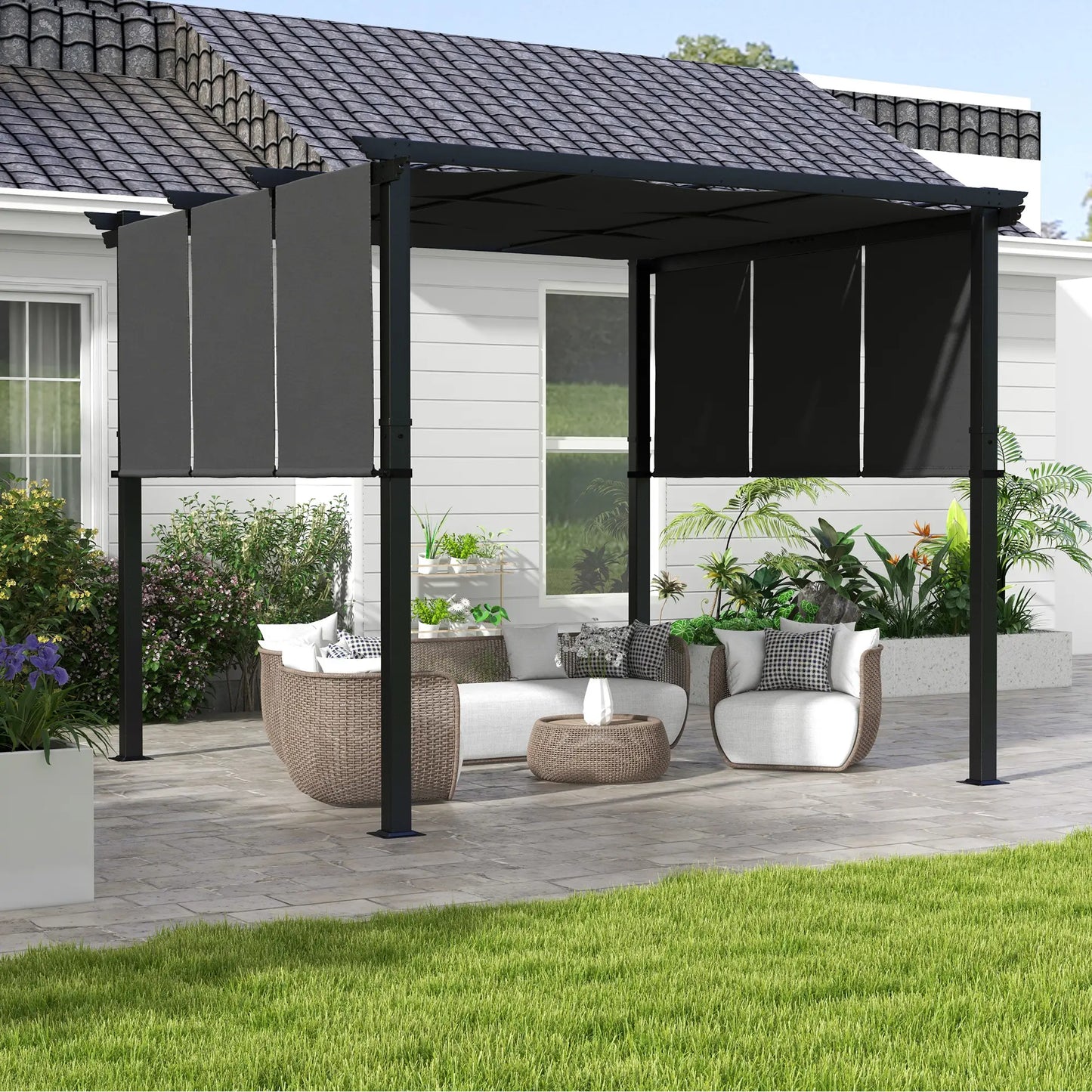 10' x 10' Metal Pergola, Retractable Canopy, Charcoal Grey Pergolas at Gallery Canada