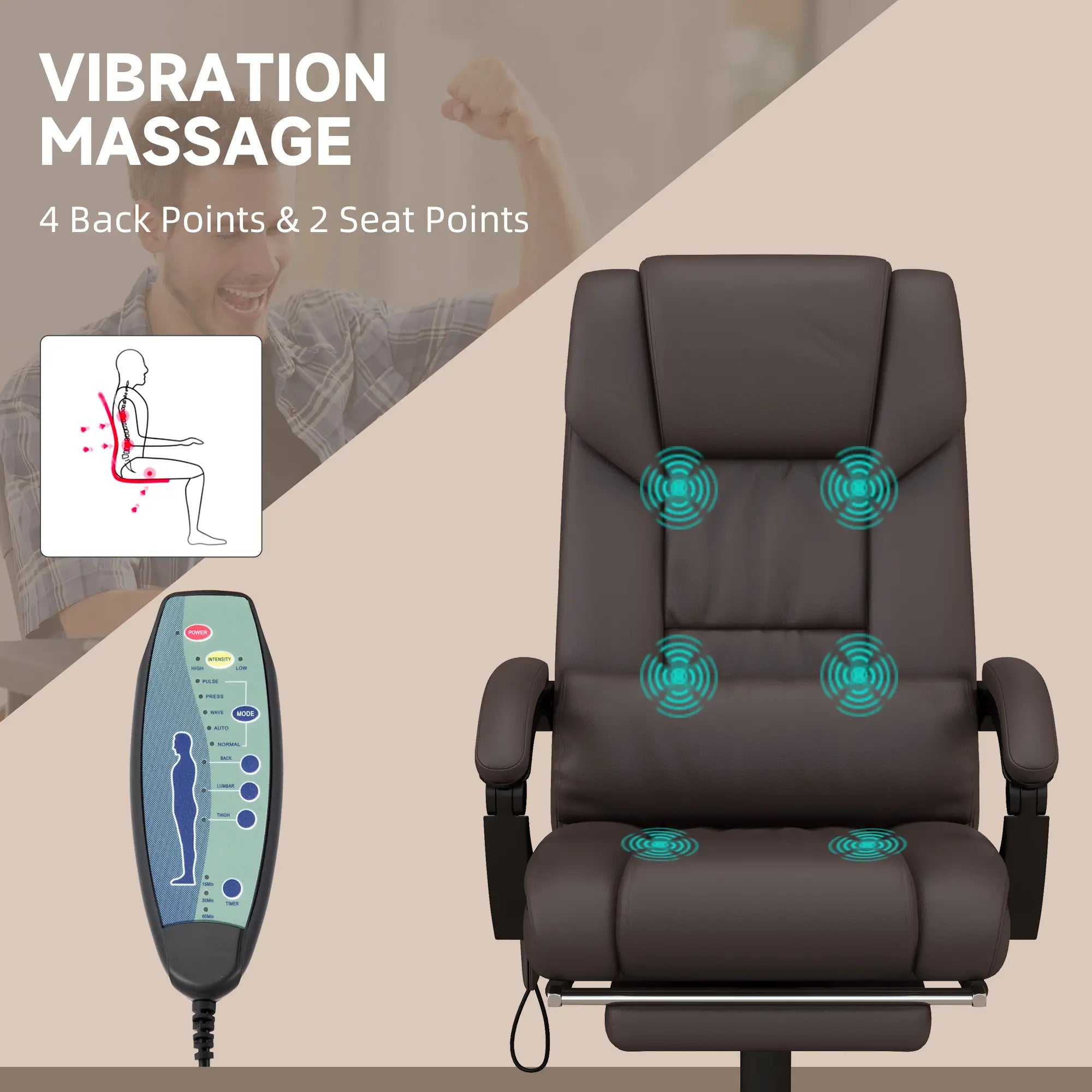 6-Point Vibration Massage Chair, Height Adjustable, Reclining, Brown Executive & Manager Chairs at Gallery Canada