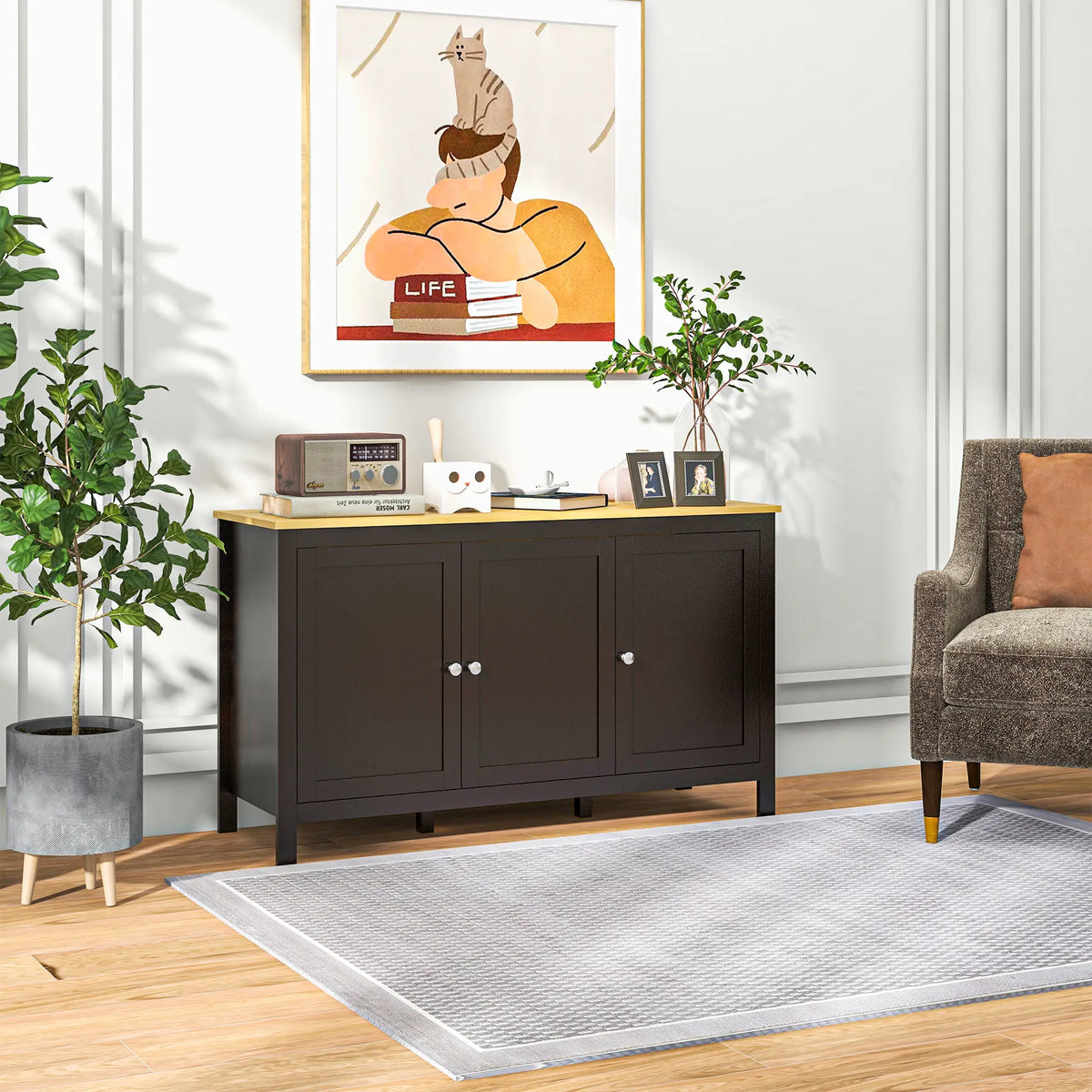 Sideboard, Buffet Cabinet with Doors, Adjustable Shelves, Natural, Black Kitchen Pantry Cabinets at Gallery Canada