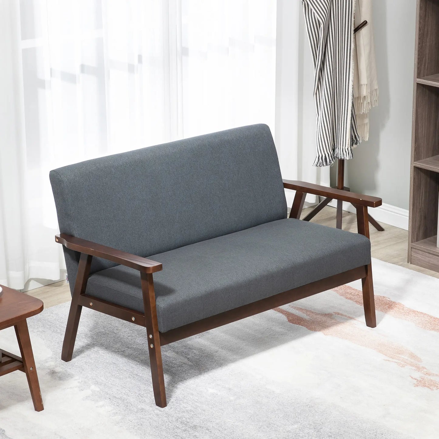 Compact Loveseat Sofa, Linen Fabric, Rubber Wood Legs, Dark Grey 2-Seater Sofas at Gallery Canada