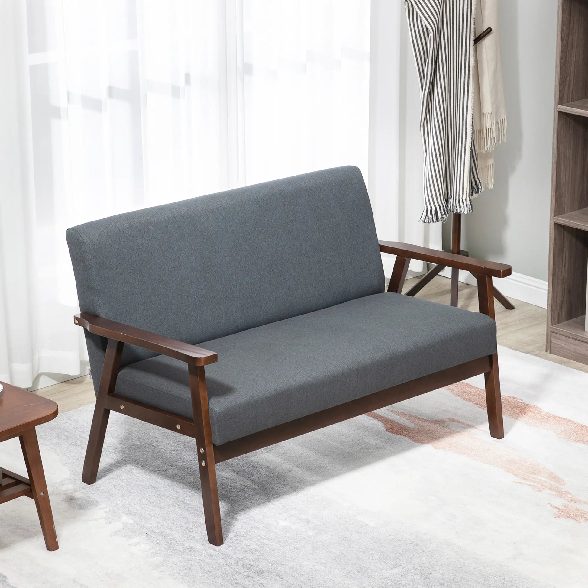 Compact Loveseat Sofa, Linen Fabric, Rubber Wood Legs, Dark Grey 2-Seater Sofas at Gallery Canada