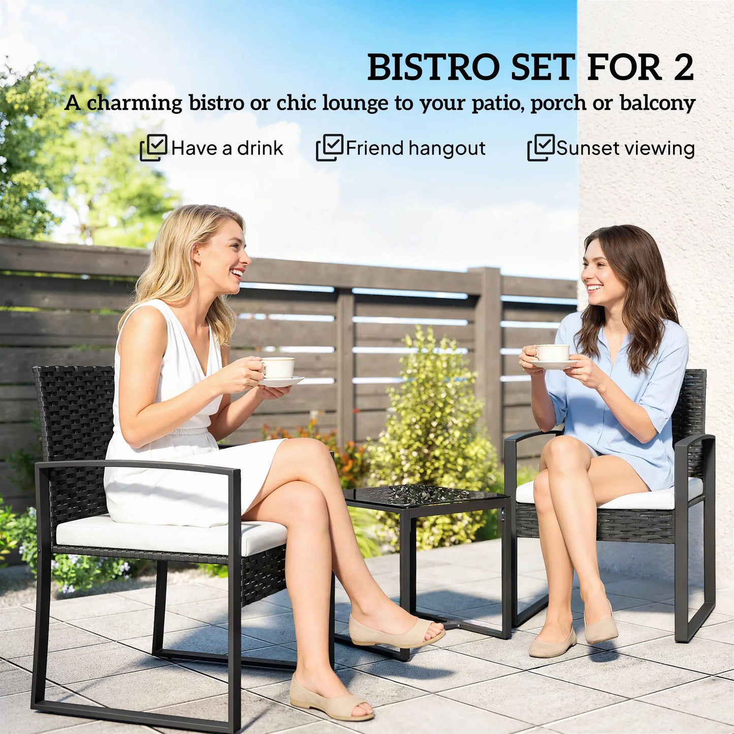 3 Piece Wicker Patio Set, Glass Top Table With Cushions, Cream White Bistro Sets at Gallery Canada