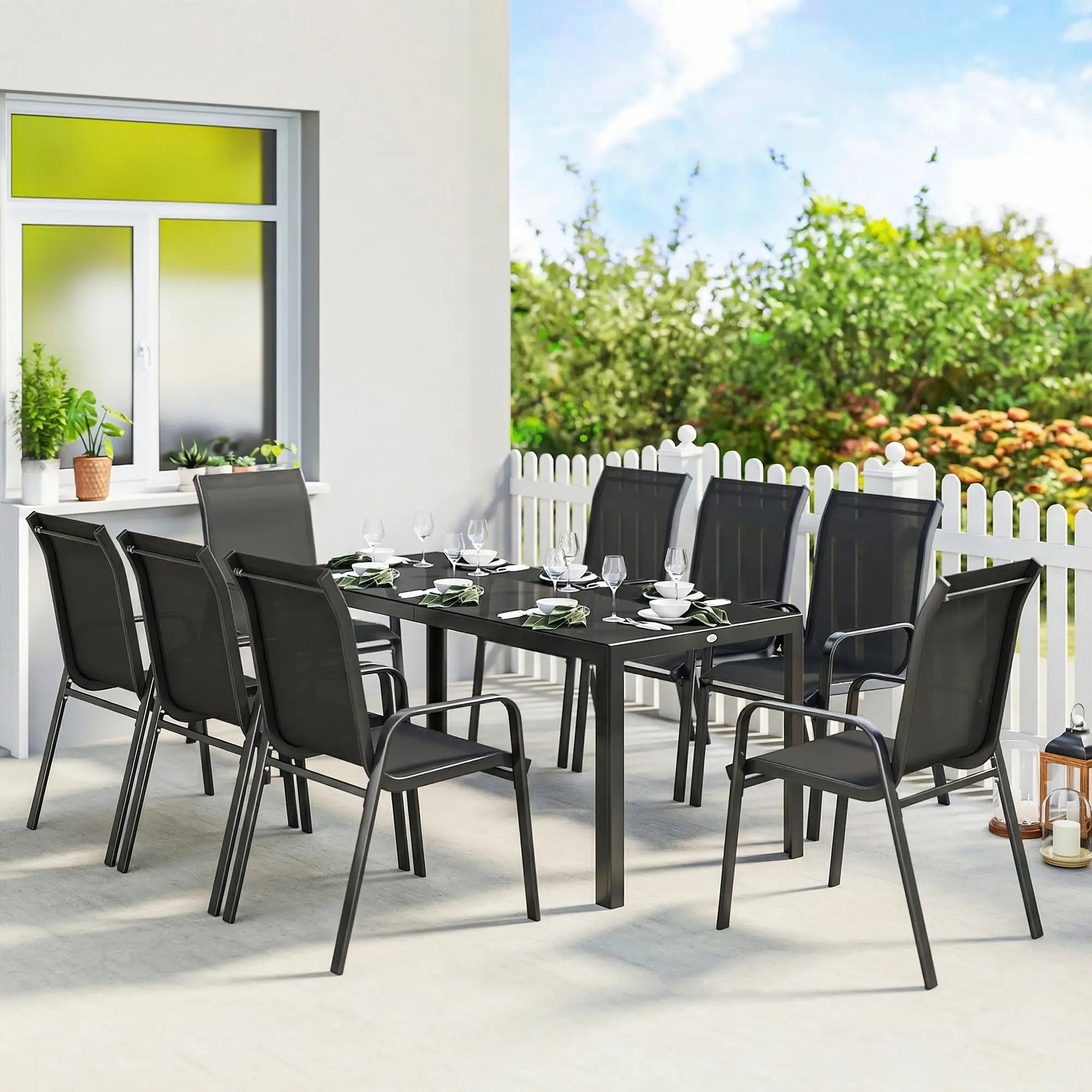 9 Piece Patio Set, Stackable Chairs, Glass Top, Black Outdoor Dining Sets at Gallery Canada