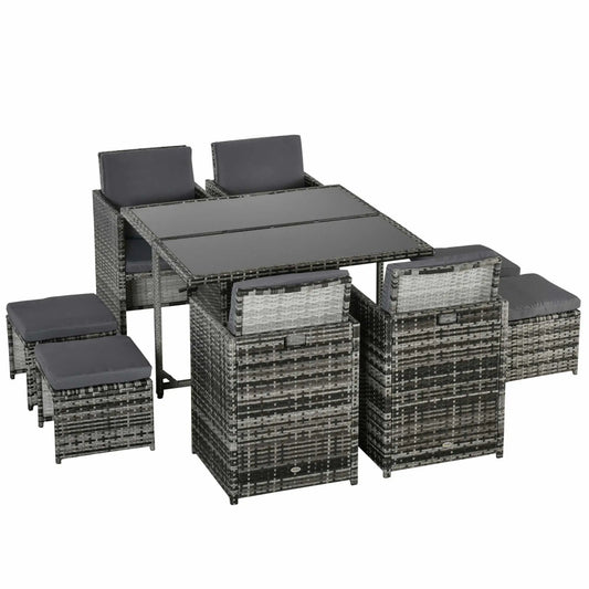 9-Piece Wicker Patio Dining Set, Removable Cushions, Glass Table, Grey Outdoor Dining Sets Grey at Gallery Canada