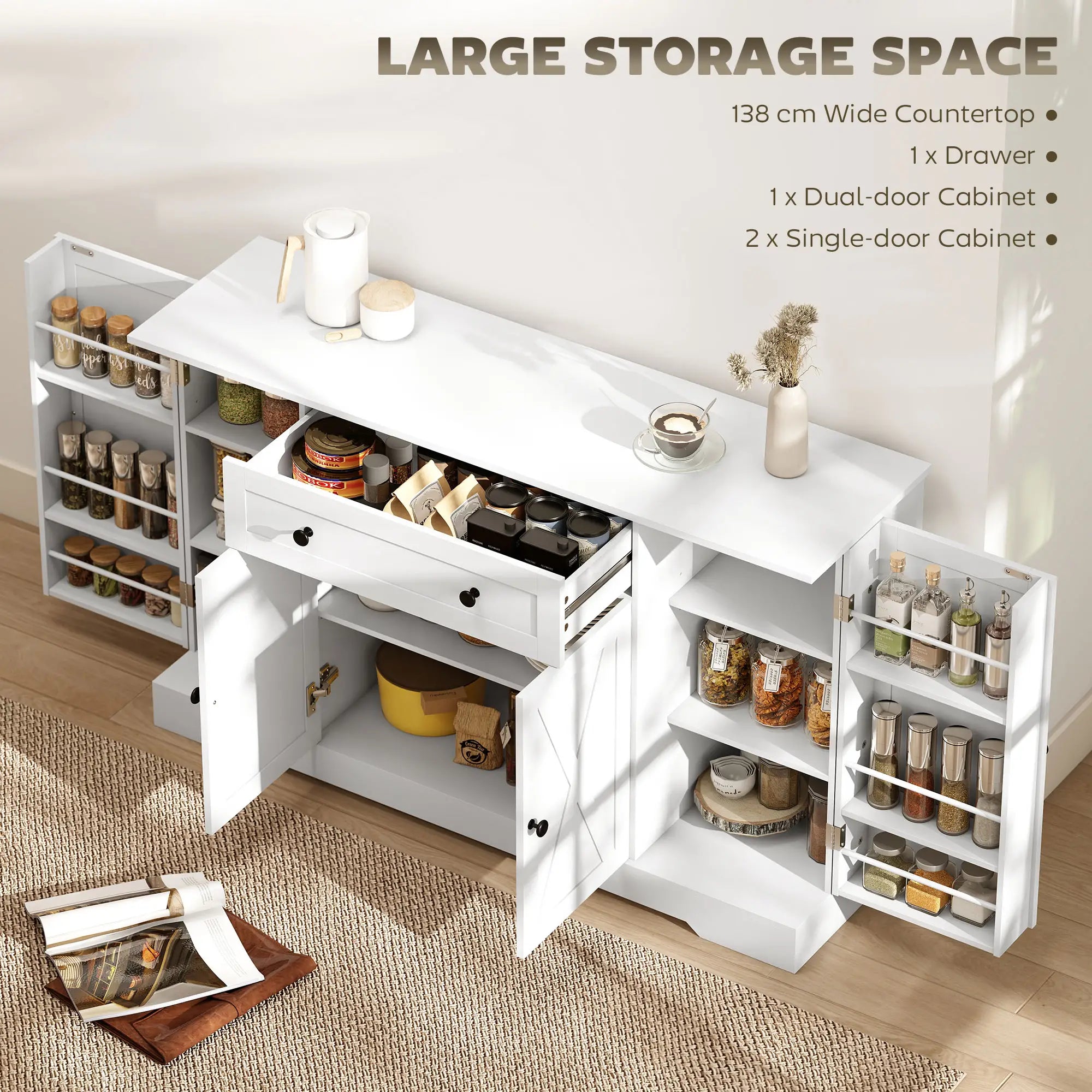 Farmhouse Sideboard Buffet Cabinet, Adjustable Shelves, Barn Doors, White Bar Cabinets at Gallery Canada