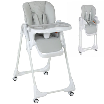 High Chair with Wheels, Double Tray, Foldable Baby Seat with Adjustable Seat Height, Backrest, Footrest and Tray, Grey