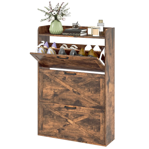 Narrow Shoe Storage Cabinet, 3 Flip Drawers, Adjustable Shelves, Rustic Brown