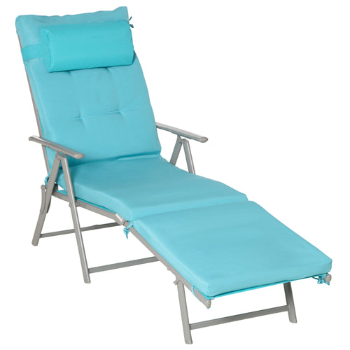 Outdoor Folding Chaise Lounge, Adjustable Backrest, Cushion, Headrest, Blue