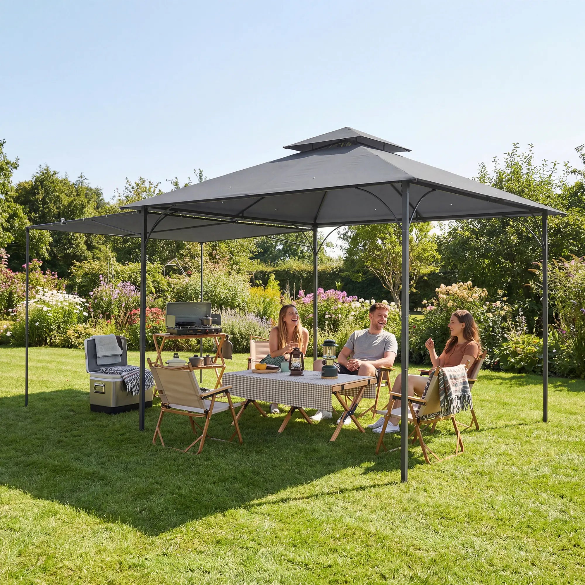 Patio Gazebo With Double Roof, Extendable Shade, 126