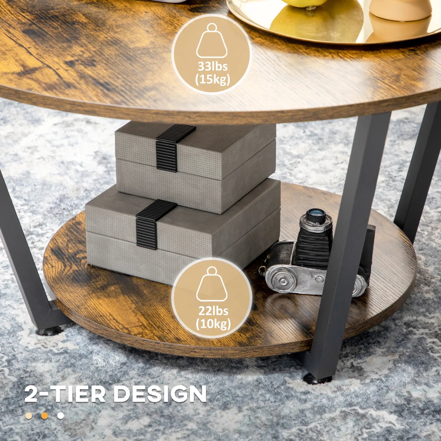 2-Tier Round Coffee Table, Storage Shelf, Steel Frame, Rustic Brown, Brown Coffee Tables at Gallery Canada