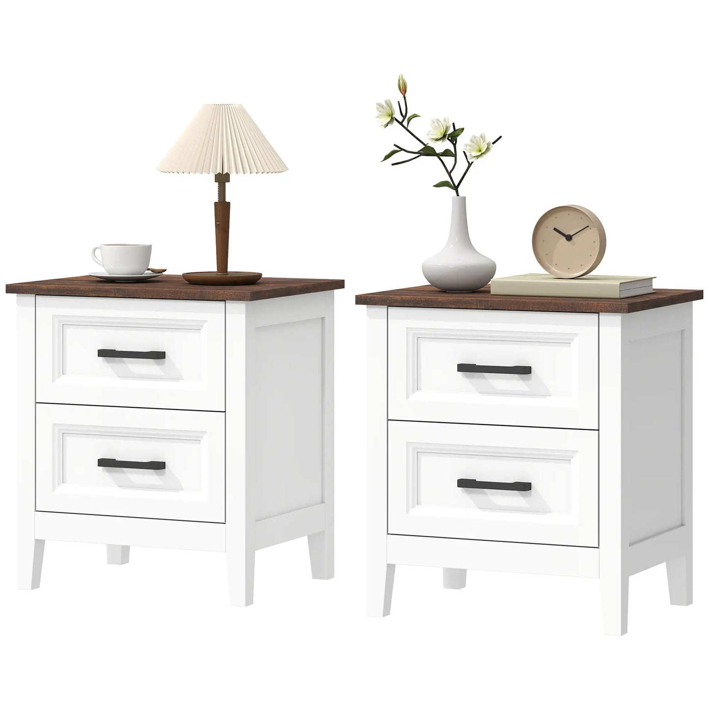 Farmhouse Nightstand Set of 2, 2 Drawers, White Bedside Tables White, Brown at Gallery Canada