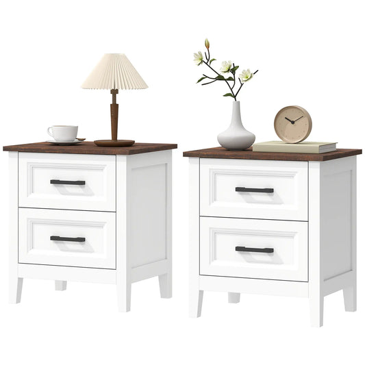 Farmhouse Nightstand Set of 2, 2 Drawers, White Bedside Tables White, Brown at Gallery Canada