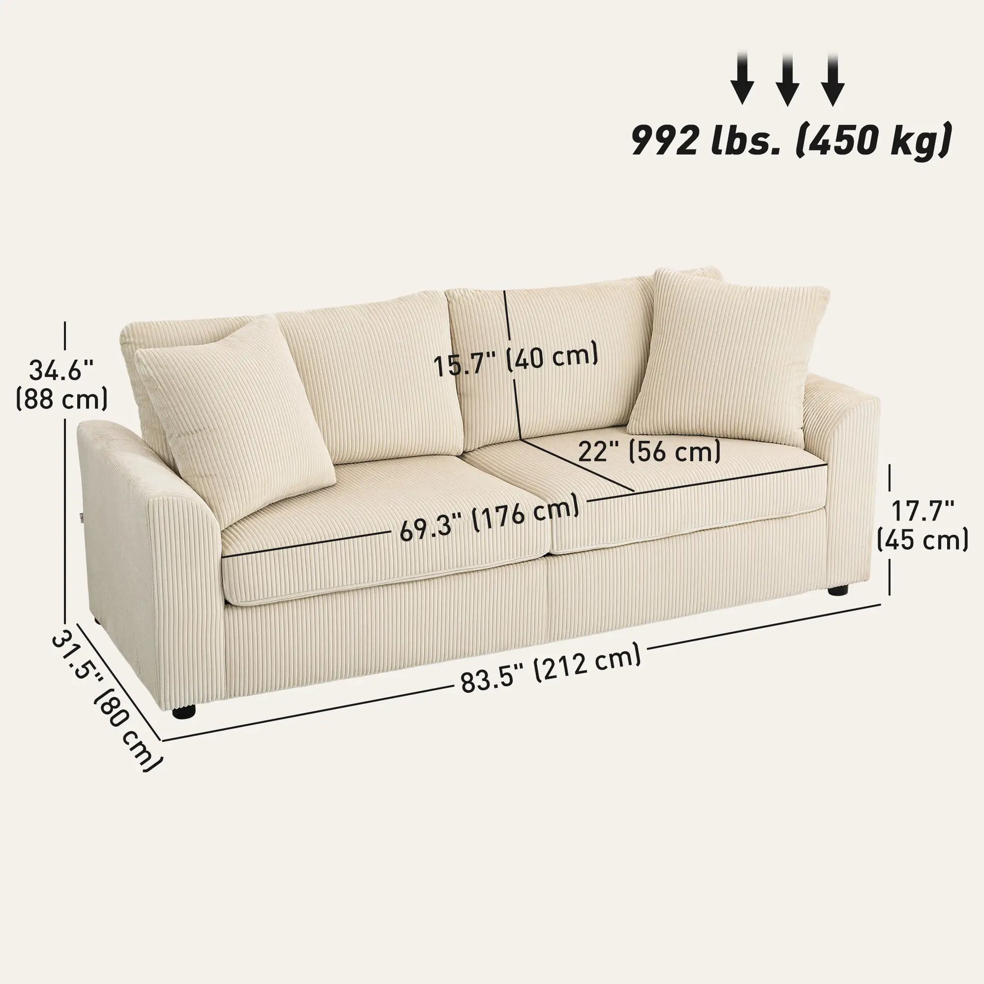 3 Seater Sofa, 83.5" Upholstered Couch, Pocket Spring, Cream White 3-Seater Sofas at Gallery Canada